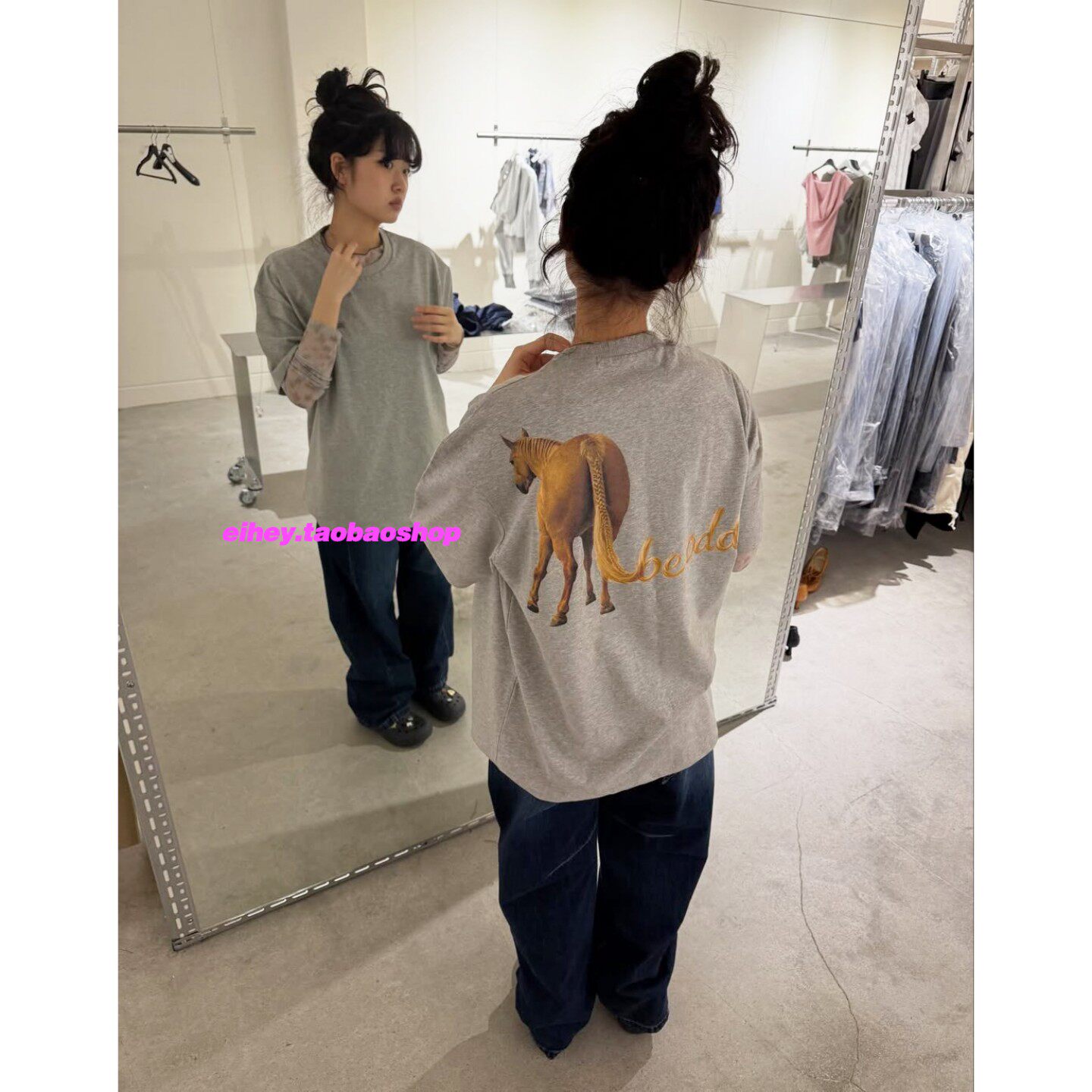 eihey诶嘿26春夏新款骏马印花小众宽松舒适圆领短袖休闲T恤上衣女