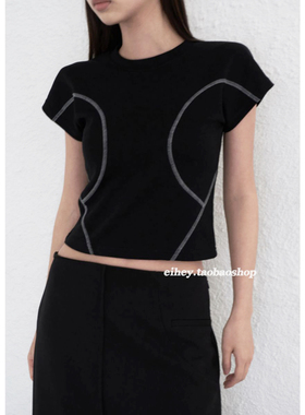 现eihey诶嘿设计感简约明线撞色拼接小飞袖圆领修身短款T恤上衣女