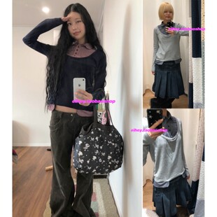 eihey诶嘿早春miu系格纹衬衫 双腰翻领T恤上衣 撞色假两件拼接长袖