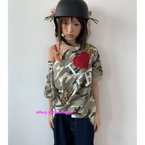 领露肩短袖女休闲宽松T恤上衣女