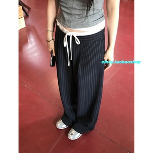 休闲裤 eihey诶嘿拼接腰部高腰系带设计百搭条纹暗纹垂坠感西装 裤