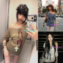 eihey诶嘿美式辣妹风字母人物印花宽松斜肩短袖T恤女卷边收口上衣