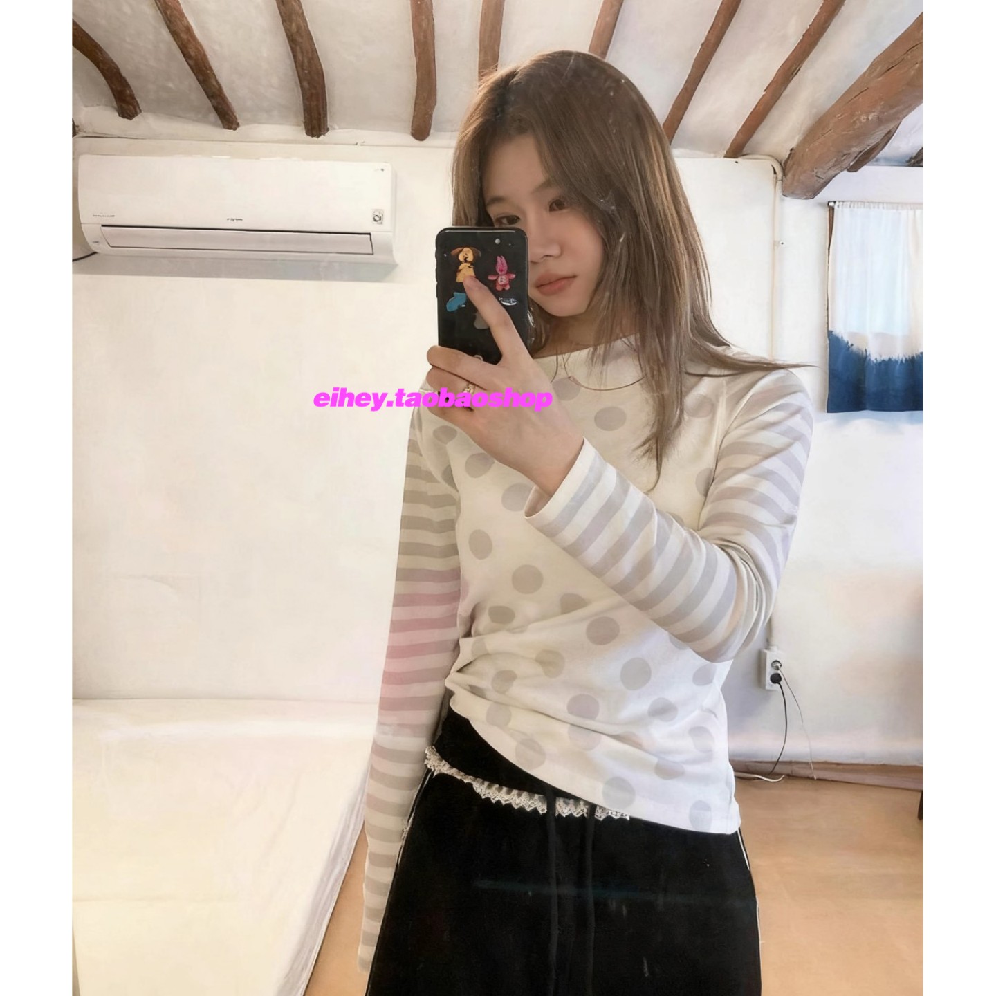 eihey诶嘿秋季新款波点印花条纹设计百搭长袖T恤女修身上衣打底衫