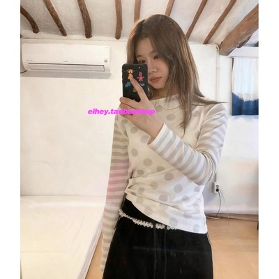 eihey诶嘿秋季新款波点印花条纹设计百搭长袖T恤女修身上衣打底衫