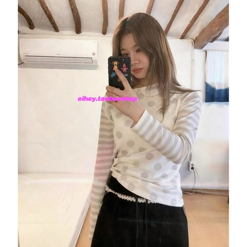eihey诶嘿秋季新款波点印花条纹设计百搭长袖T恤女修身上衣打底衫