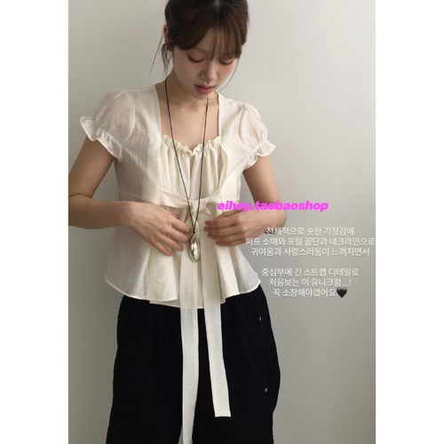 eihey诶嘿法式甜美短款少女泡泡袖系带蝴蝶结收腰显瘦衬衫上衣女