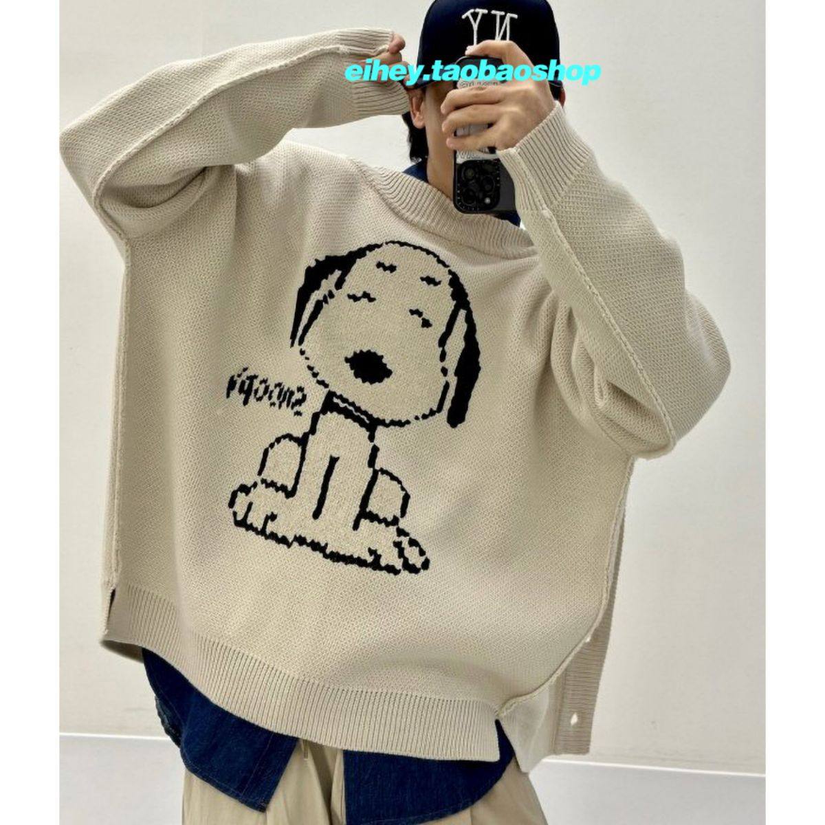 现eihey诶嘿v领卡通史努比小狗印花开衫长袖宽松双面针织毛衣外套