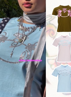 eihey诶嘿夏季新款小众y2k烫钻亮片修身天使圆领短款修身短袖T恤