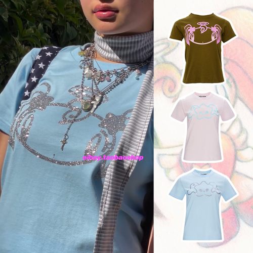 eihey诶嘿夏季新款小众y2k烫钻亮片修身天使圆领短款修身短袖T恤