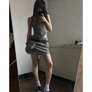 eihey诶嘿吊带背心胸衣辣妹套装工装腰带半身裙女小众灰色套装裙