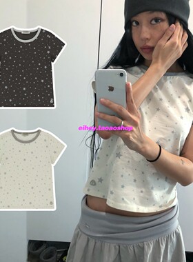 eihey诶嘿复古星星印花图案圆领显瘦休闲百搭修身短袖T恤上衣女