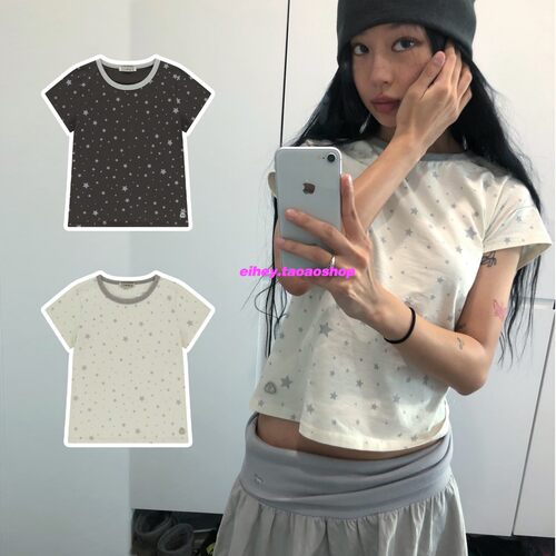 eihey诶嘿复古星星印花图案圆领显瘦休闲百搭修身短袖T恤上衣女