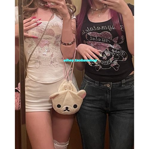 eihey诶嘿2025新款涩谷辣妹烫钻T恤正肩修身短袖水钻打底短上衣潮