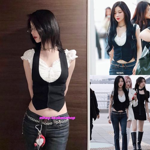 eihey诶嘿asa同款黑色马甲纯欲辣妹百搭背心蕾丝花边衬衫上衣女