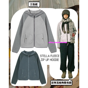 eihey诶嘿早春羊羔绒拼接上衣纯色卡通刺绣撞色拉链连帽衫外套女