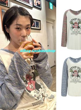 eihey诶嘿Newjeans姜海粼同款复古猫咪印花插肩定制面料长袖T恤女