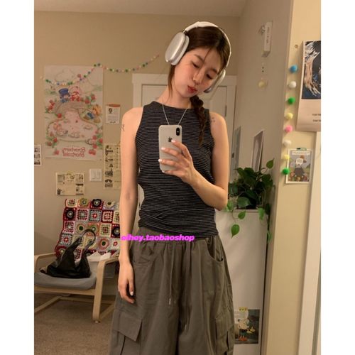 eihey诶嘿夏季薄款简约细条纹休闲百搭宽松显瘦背心女无袖上衣女