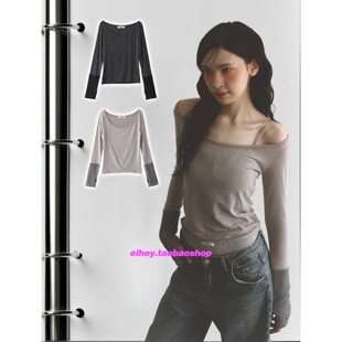 eihey诶嘿韩系百搭纯色拼接露肩套指T恤长袖 内搭打底上衣女 女修身
