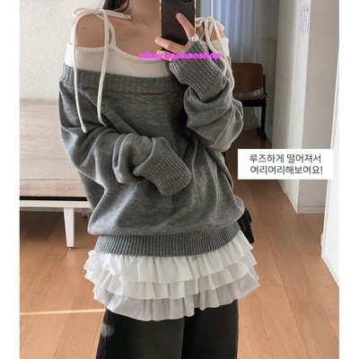 eihey诶嘿26新款韩系百搭休闲显瘦一字领长袖上衣花边吊带两件套