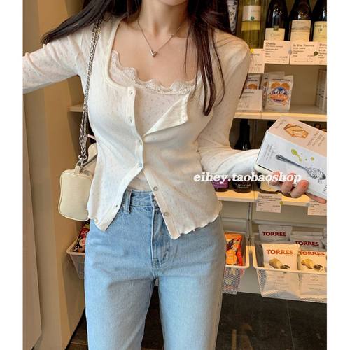 蕾丝边镂空吊带波浪边开衫两件套