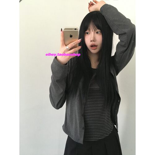 eihey诶嘿秋季新款撞色假两件圆领条纹拼接开衫气质修身长袖上衣