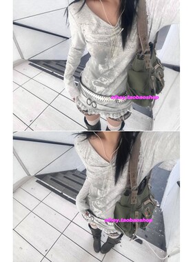 eihey诶嘿春季美式复古长袖T恤打底衫中长款拼接蕾丝叠穿印花上衣