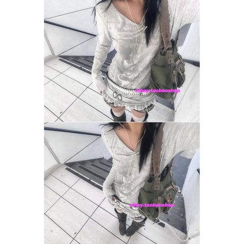 eihey诶嘿秋季美式复古长袖T恤打底衫中长款拼接蕾丝叠穿印花上衣