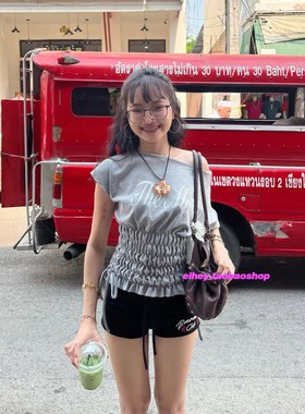 eihey诶嘿美式街头斜肩字母印花短袖t恤泰国穿搭打揽收腰显瘦上衣