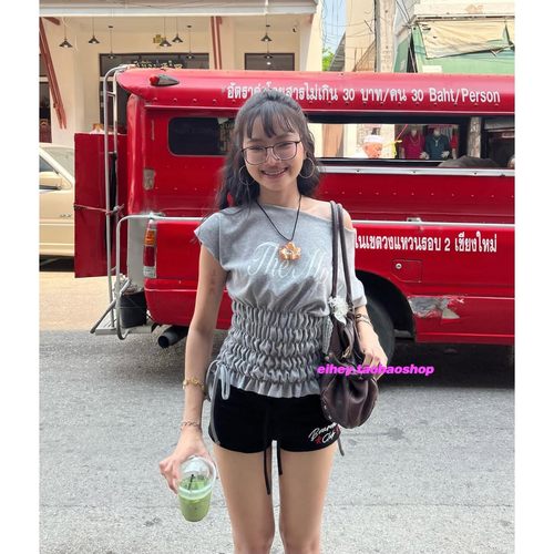 eihey诶嘿美式街头斜肩字母印花短袖t恤泰国穿搭打揽收腰显瘦上衣