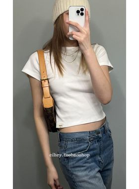 eihey诶嘿新款美式复古纯色百搭上衣圆领短款正肩修身短袖T恤女