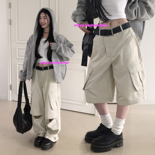 eihey诶嘿可拆卸工装口袋裤宽松休闲美式七分裤百搭显瘦工装长裤