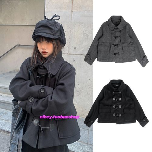 eihey诶嘿牛角扣宽松毛呢外套女