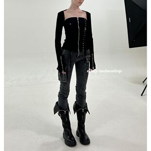 eihey诶嘿机车风拉链骑行抹胸性感上衣短款针织披肩式短外套套装