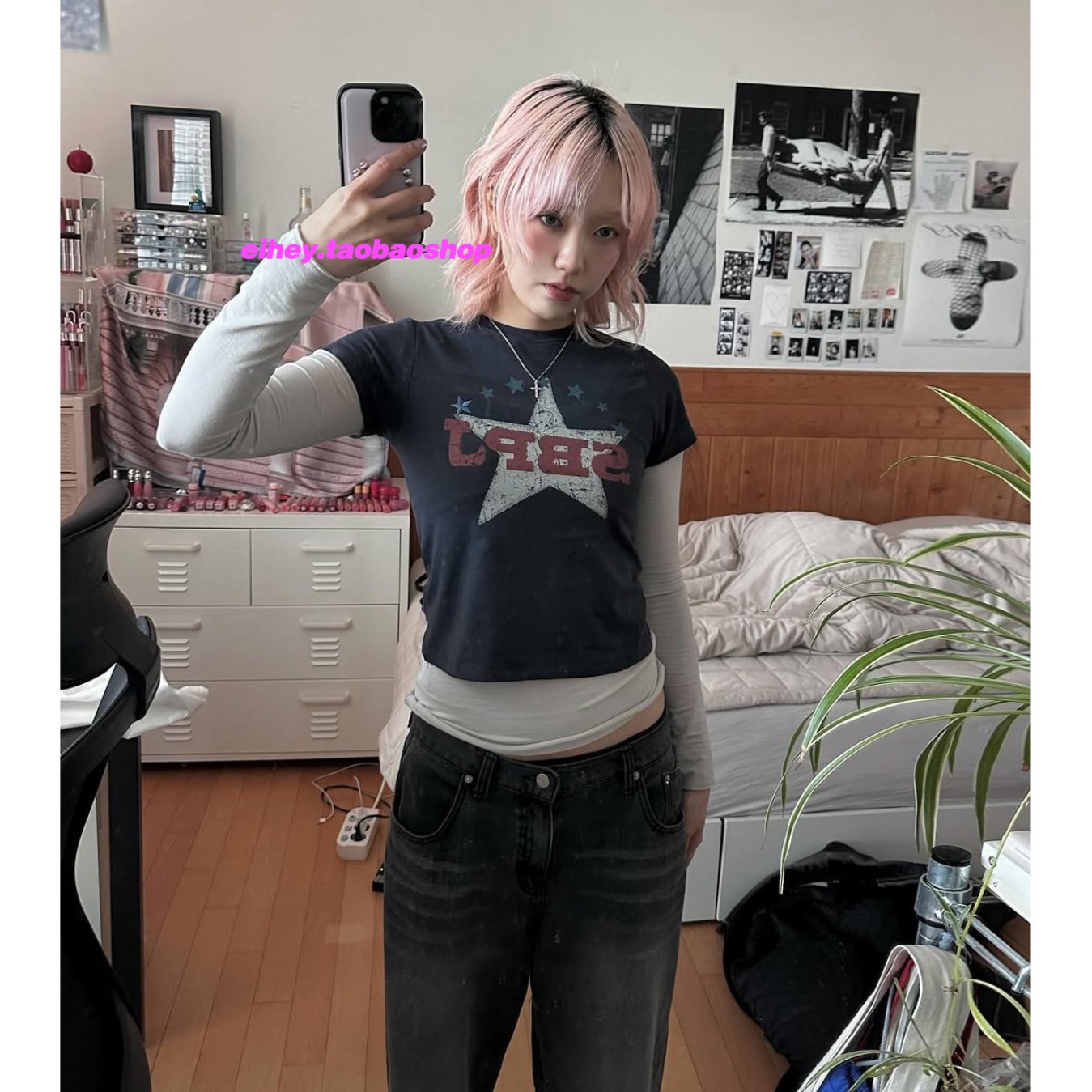 eihey诶嘿林珍娜同款夏季字母星星印花显瘦百搭休闲短款短袖T恤女