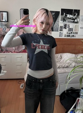 eihey诶嘿林珍娜同款夏季字母星星印花显瘦百搭休闲短款短袖T恤女