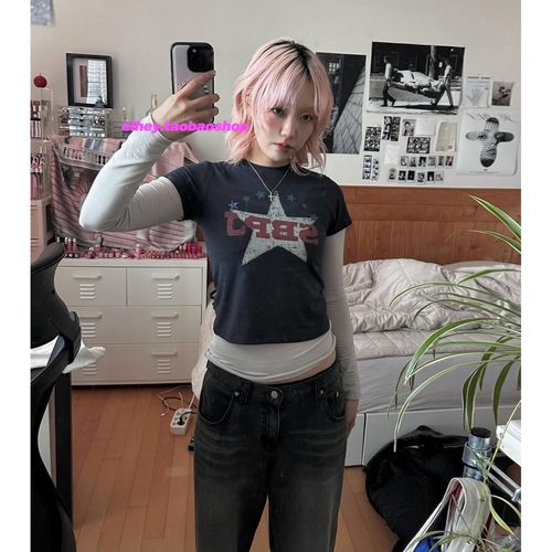 eihey诶嘿林珍娜同款夏季字母星星印花显瘦百搭休闲短款短袖T恤女