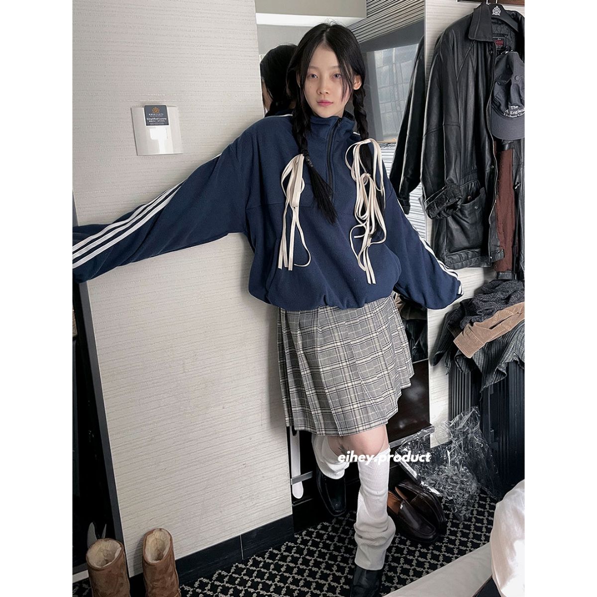 复古条纹拉链卫衣格纹百褶裙套装