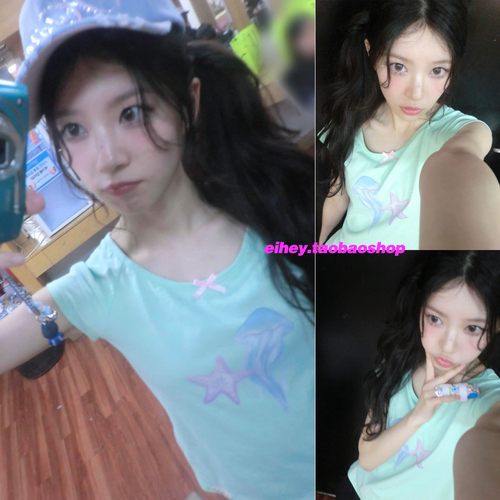 eihey诶嘿韩系夏季新款蝴蝶结装饰海洋印花显瘦短款短袖T恤上衣女