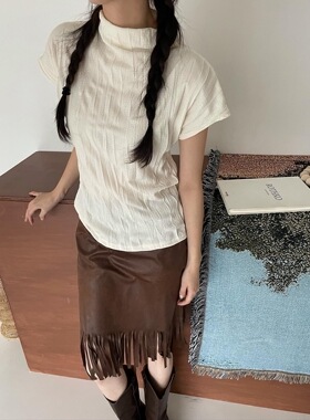 eihey诶嘿新款纯色复古显瘦高领小飞袖风琴褶短袖修身百搭上衣T恤