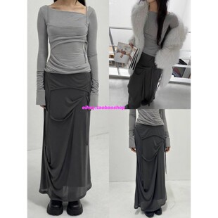 eihey诶嘿辣妹风分层不对称上衣纯色百搭褶皱休闲直筒半身裙套装