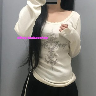 T恤女配围脖 显瘦印花长袖 eihey诶嘿2025秋冬新品 复古抽褶绑带修身