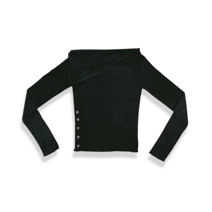 thumbnail for eihey autumn one-line collar pure desire wind lapel temperament side button design long sleeve off-the-shoulder top for women