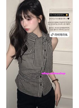 eihey诶嘿韩系复古格纹领结收腰褶皱设计感显瘦无袖背心气质上衣