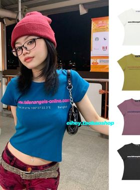 eihey诶嘿夏季美式甜辣修身显瘦高腰露脐运动正肩短袖印花T恤上衣