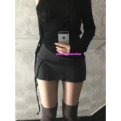 eihey诶嘿黑色细条纹开叉裤 包臀裙 裙防走光低腰半身裙女迷你西装