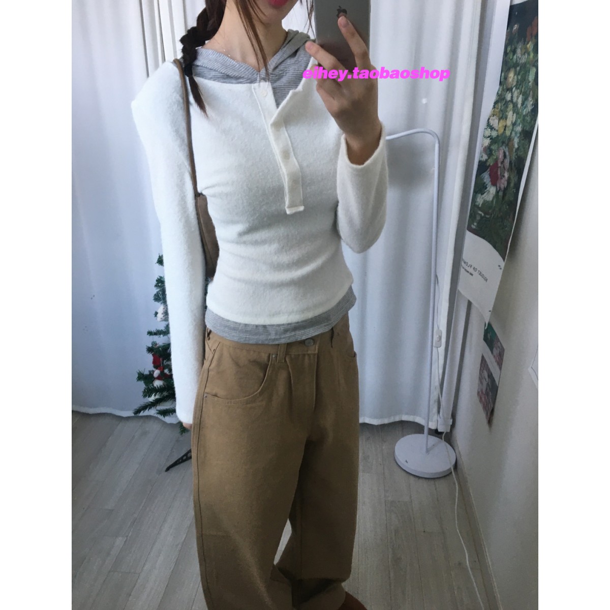 eihey诶嘿简约小众设计半系扣毛绒假两件拼接连帽显瘦长袖T恤衫