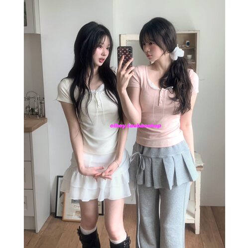 eihey诶嘿蝴蝶结假两件短袖上衣韩系修身收腰简约甜美纯欲风T恤女