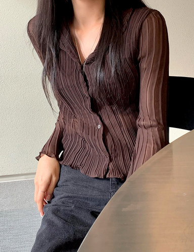 风琴竖纹褶皱木耳边微透长袖衬衫