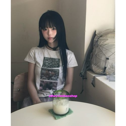 eihey诶嘿夏季花朵森系复古印花简约休闲短款上衣修身显瘦短袖T恤