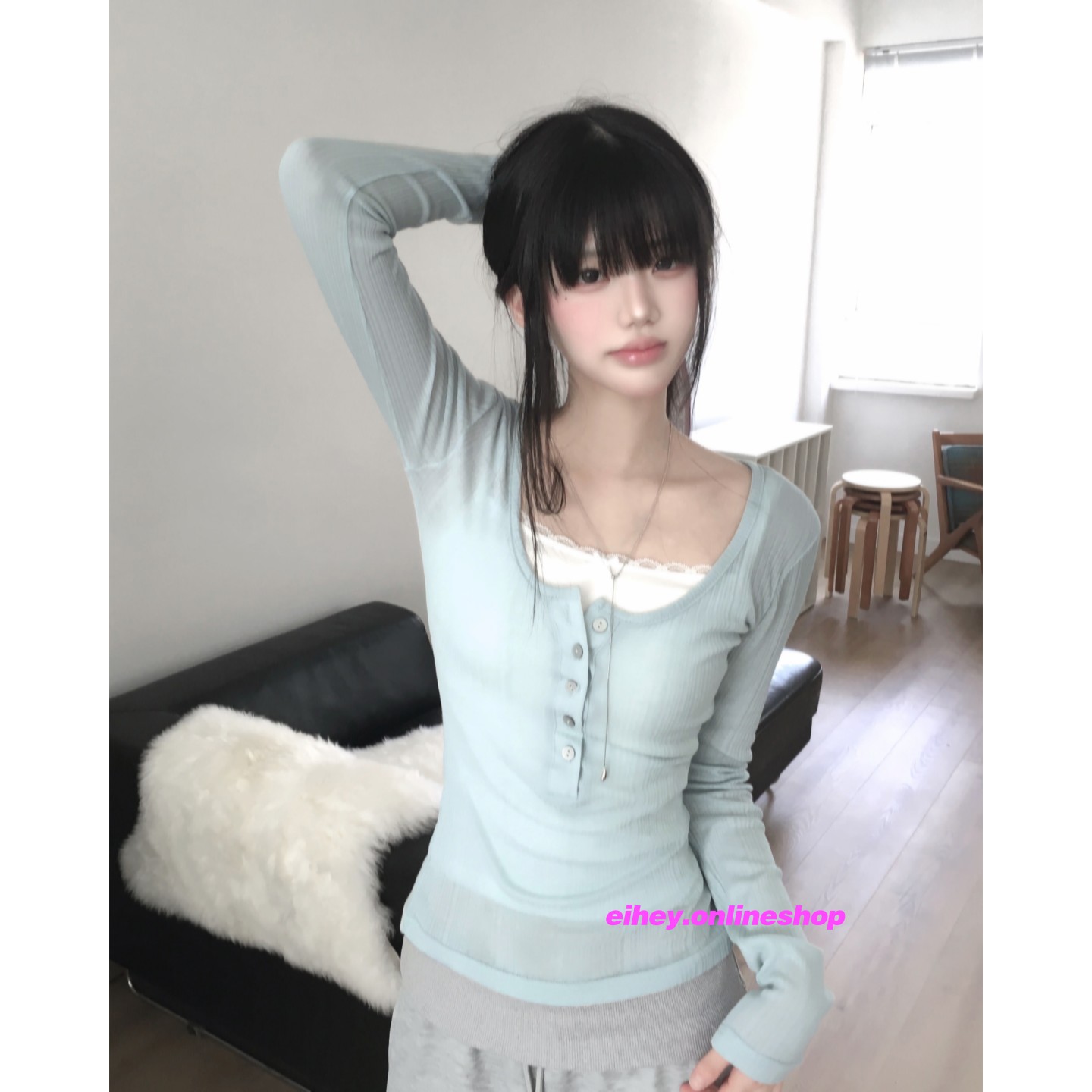 针织长袖竖纹修身显瘦T恤上衣女图片